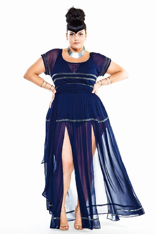 Women's Clothing Apparel Sets Earthy Tones Navy & Silver Cap Sleeved Sheer Poolside Maxi Dress- JIBRI
