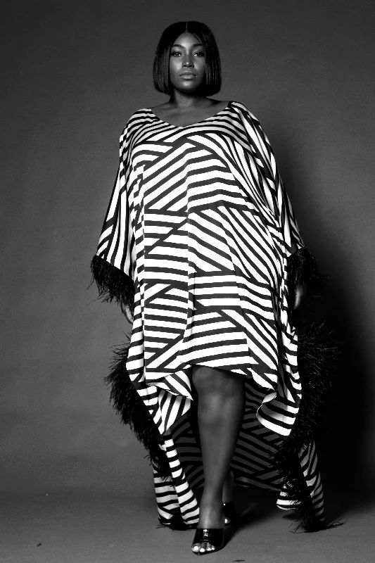 Women's Casual Apparel For Weekends Chic Casual Style (Sample) JIBRI Graphic Feather Trimmed Kaftan (One of a Kind)