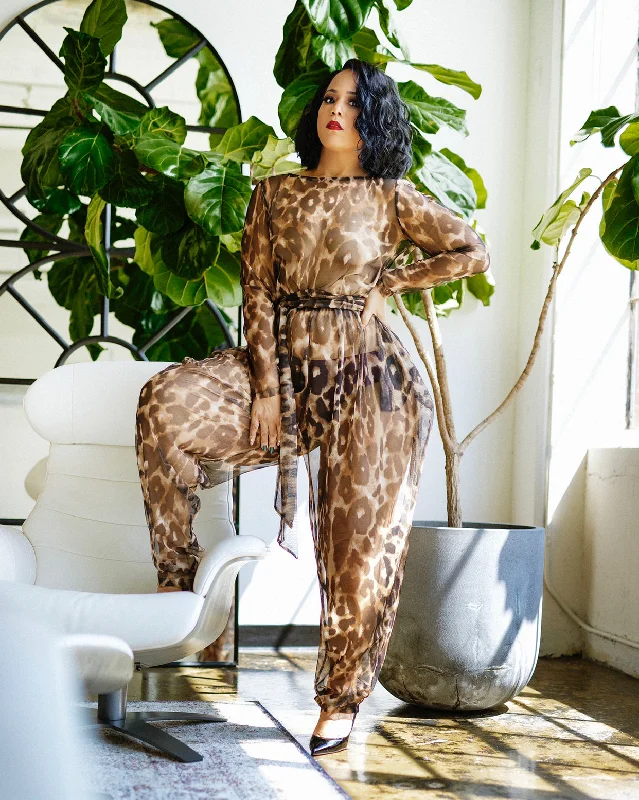 Elegant Fashion Clearance Event Long Sleeved Sheer Leopard Jumpsuit- Jibri