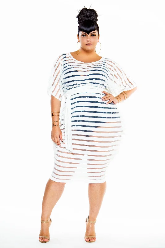 Hot Trends Romantic Detailing Striped Sheer Slouch Poolside Dress- JIBRI