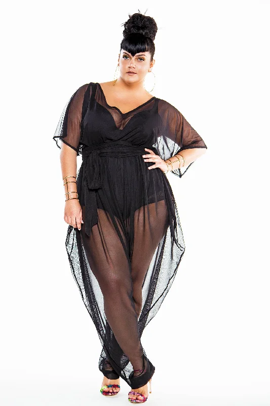 Vibrant Femme Fashion Lightweight Fabric Bat Wing Sheer Poolside Jumpsuit